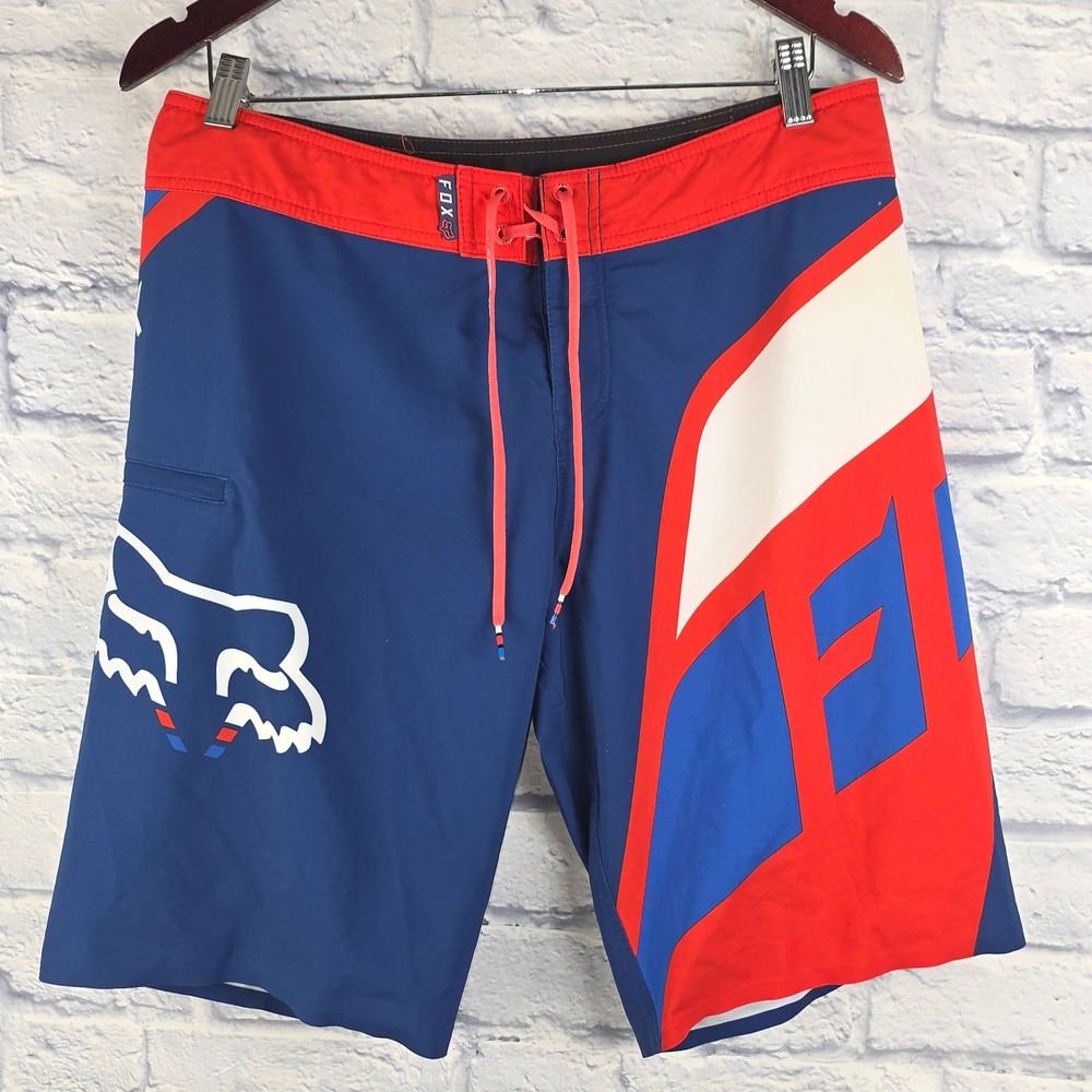 Fox Racing Men Board Shorts Blue Red RAP Fit Motocross Swim Trunks Size 32
